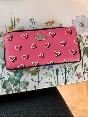 Coach Pink Heart Print Zip Wallet